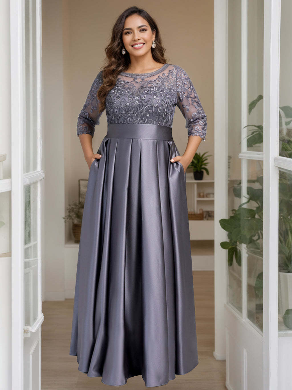 Plus Size Floor-Length Mother of the Bride A-Line Dress with 3/4 Sleeves Scoop Neck Bow & Sequins