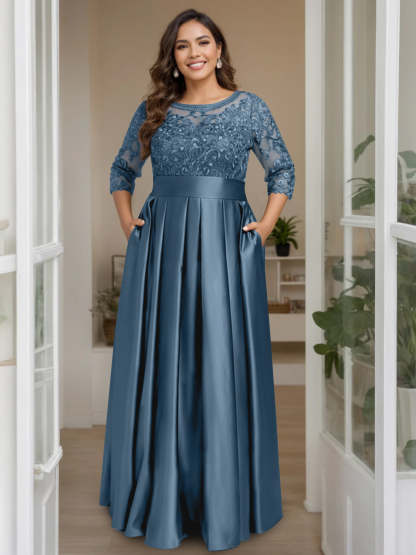 Plus Size Floor-Length Mother of the Bride A-Line Dress with 3/4 Sleeves Scoop Neck Bow & Sequins