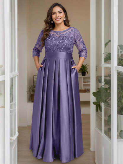 Plus Size Floor-Length Mother of the Bride A-Line Dress with 3/4 Sleeves Scoop Neck Bow & Sequins