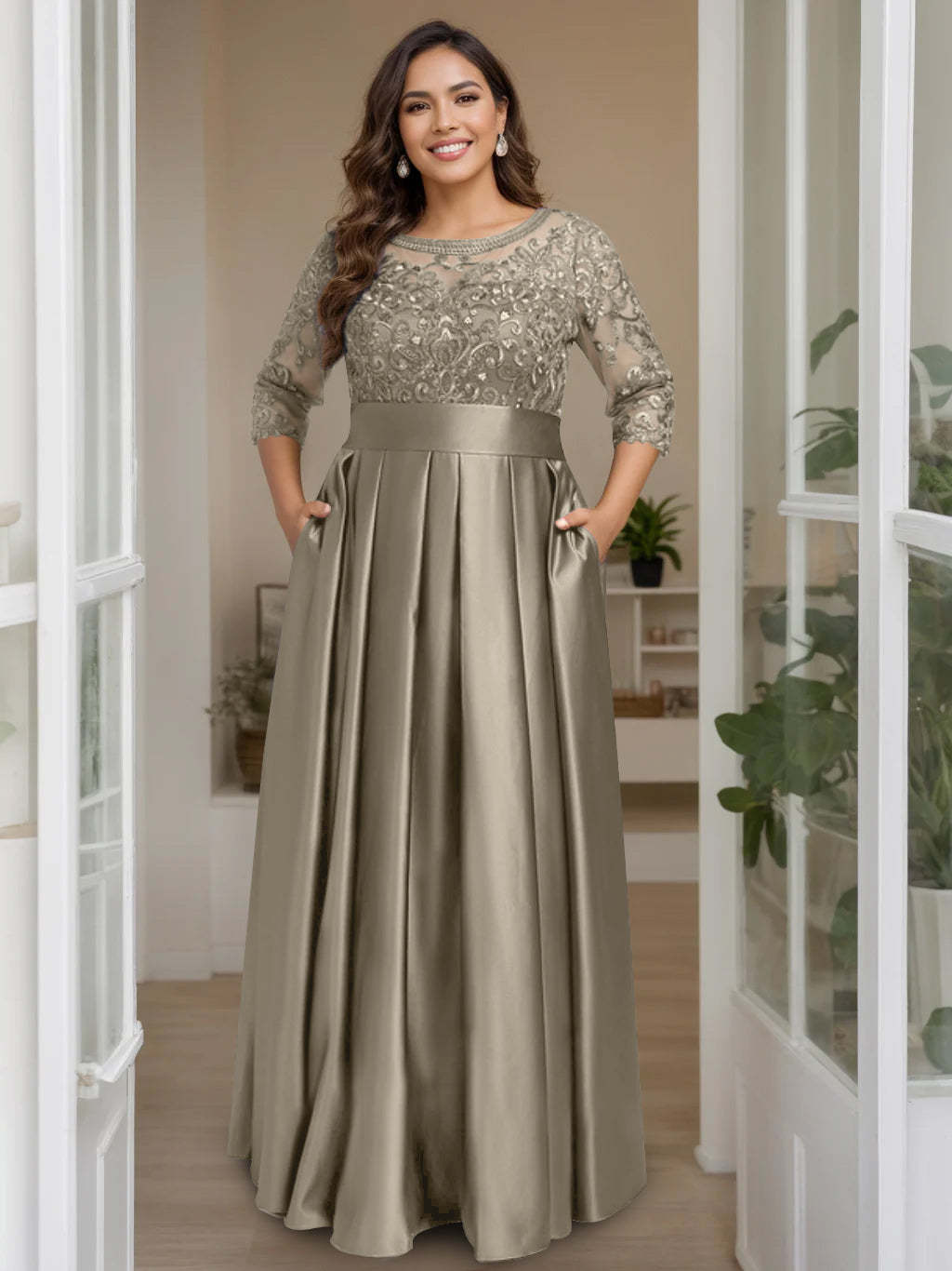 Plus Size Floor-Length Mother of the Bride A-Line Dress with 3/4 Sleeves Scoop Neck Bow & Sequins