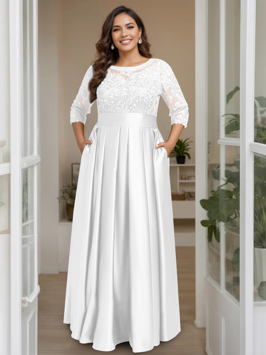Plus Size Floor-Length Mother of the Bride A-Line Dress with 3/4 Sleeves Scoop Neck Bow & Sequins
