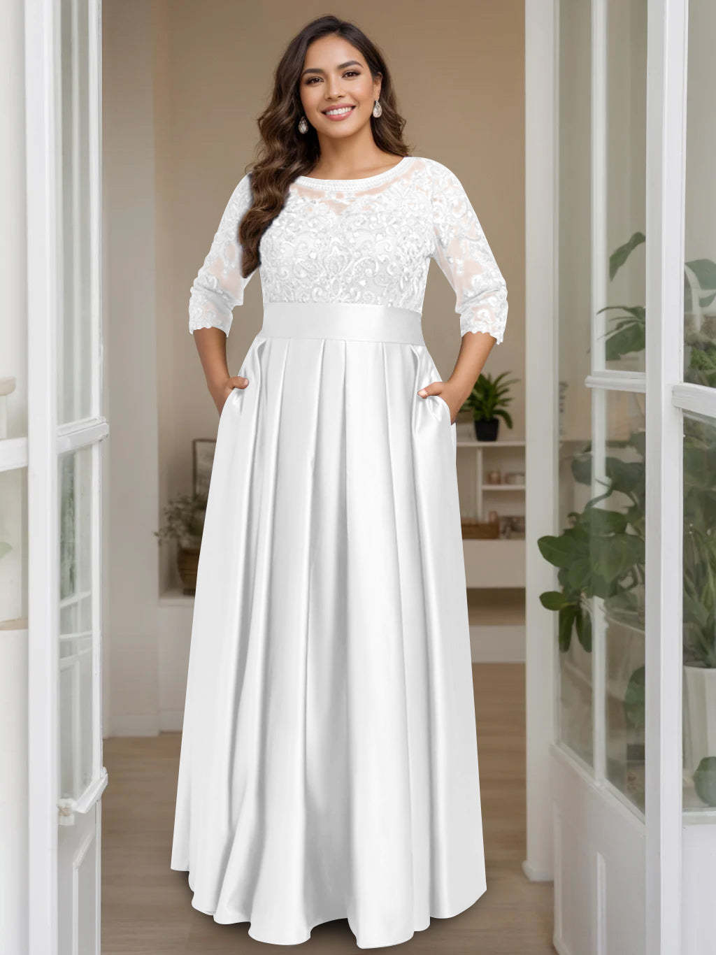 Plus Size Floor-Length Mother of the Bride A-Line Dress with 3/4 Sleeves Scoop Neck Bow & Sequins