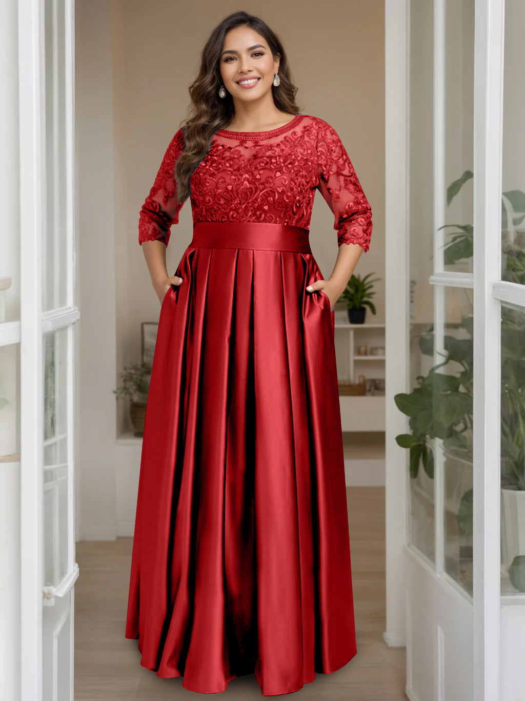 Plus Size Floor-Length Mother of the Bride A-Line Dress with 3/4 Sleeves Scoop Neck Bow & Sequins