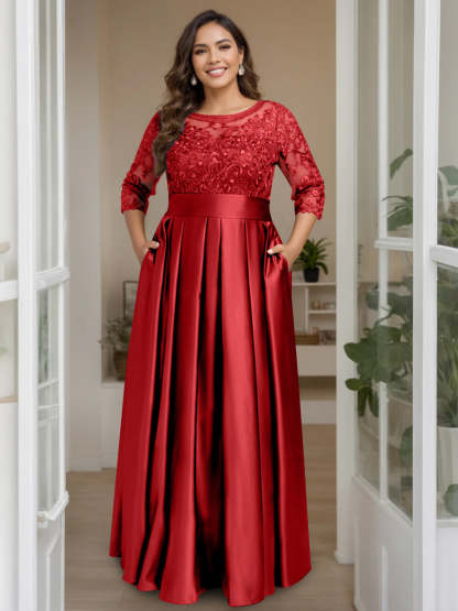Plus Size Floor-Length Mother of the Bride A-Line Dress with 3/4 Sleeves Scoop Neck Bow & Sequins