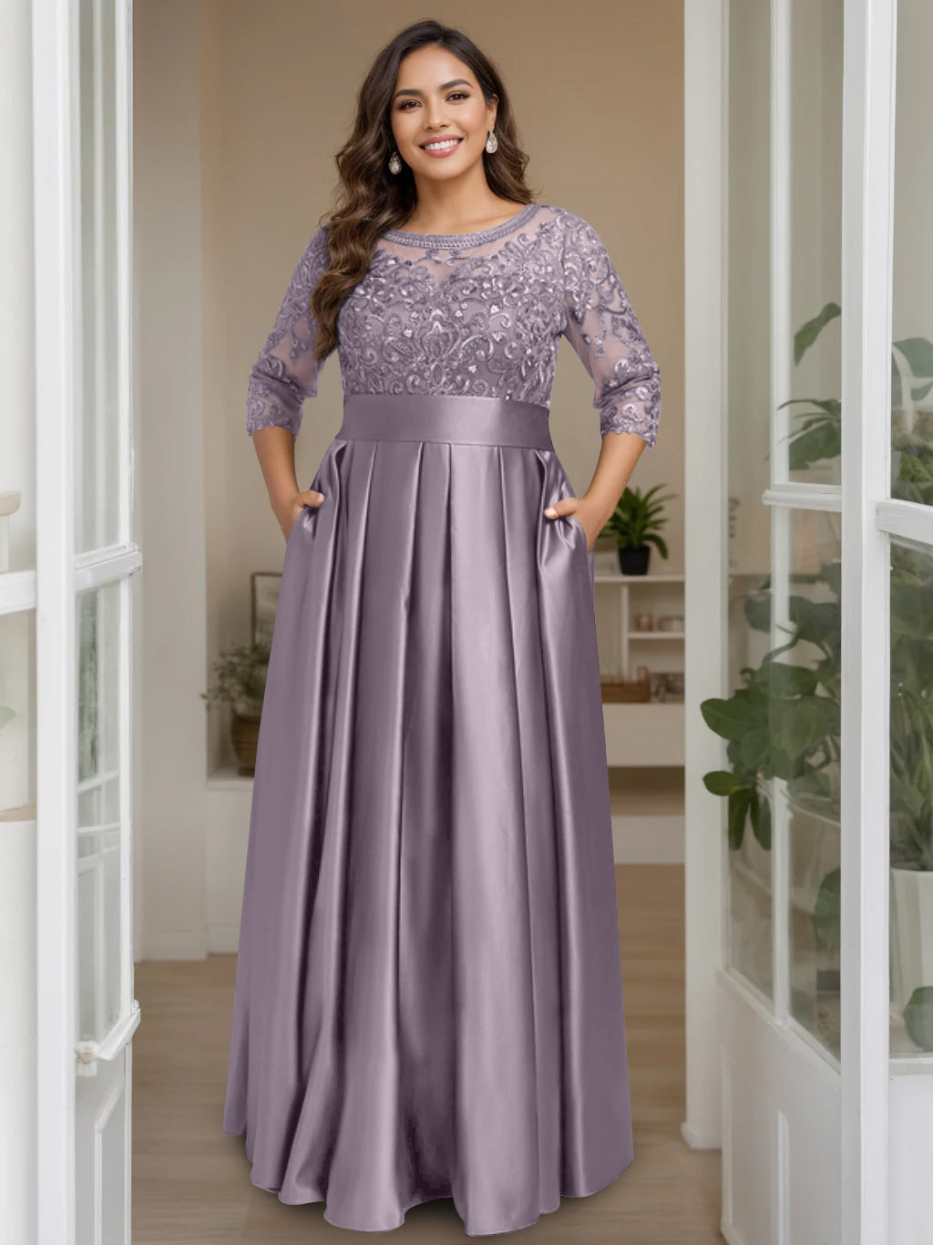 Plus Size Floor-Length Mother of the Bride A-Line Dress with 3/4 Sleeves Scoop Neck Bow & Sequins
