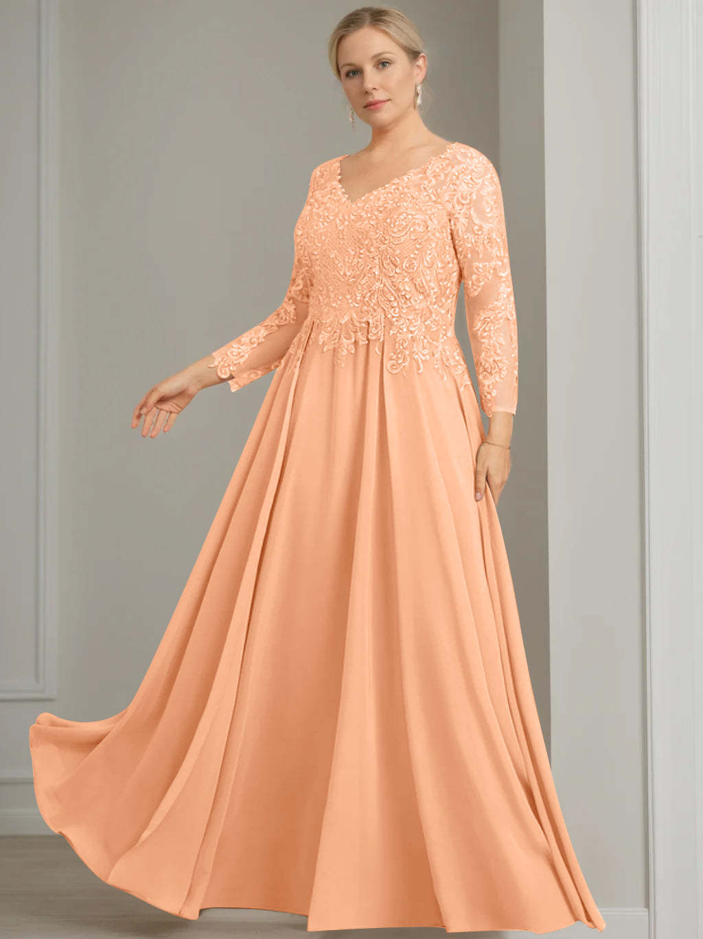 Princess A-Line V-Neck Floor-Length Plus Size Mother of the Bride Dress with 3/4 Sleeves and Sequins
