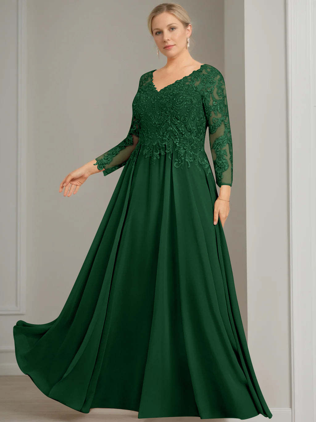 Princess A-Line V-Neck Floor-Length Plus Size Mother of the Bride Dress with 3/4 Sleeves and Sequins