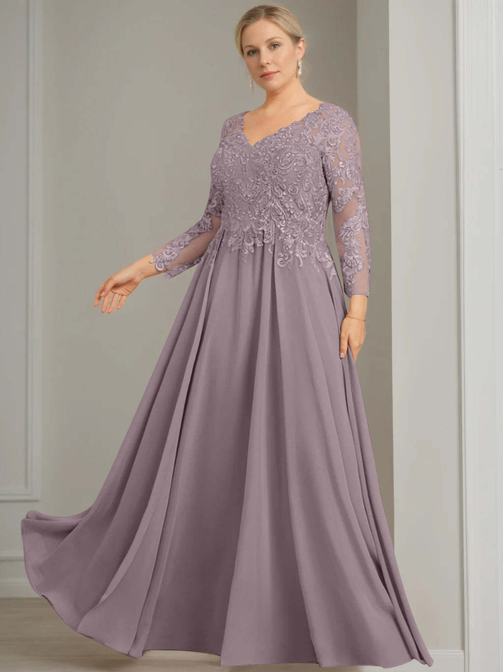 Princess A-Line V-Neck Floor-Length Plus Size Mother of the Bride Dress with 3/4 Sleeves and Sequins