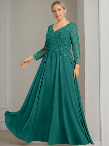Princess A-Line V-Neck Floor-Length Plus Size Mother of the Bride Dress with 3/4 Sleeves and Sequins