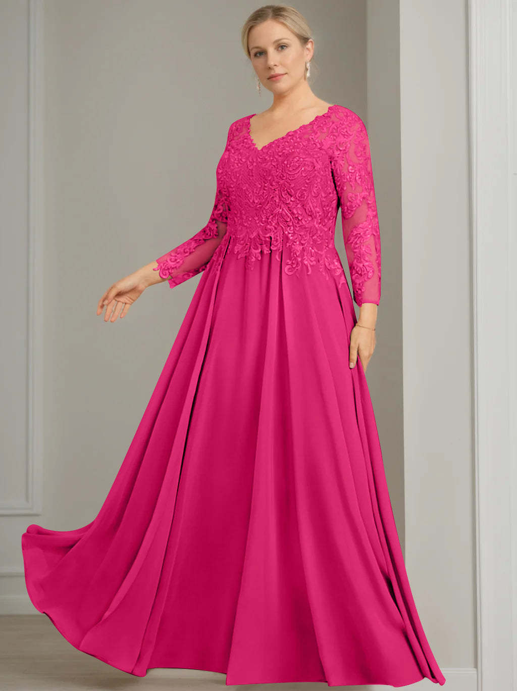 Princess A-Line V-Neck Floor-Length Plus Size Mother of the Bride Dress with 3/4 Sleeves and Sequins