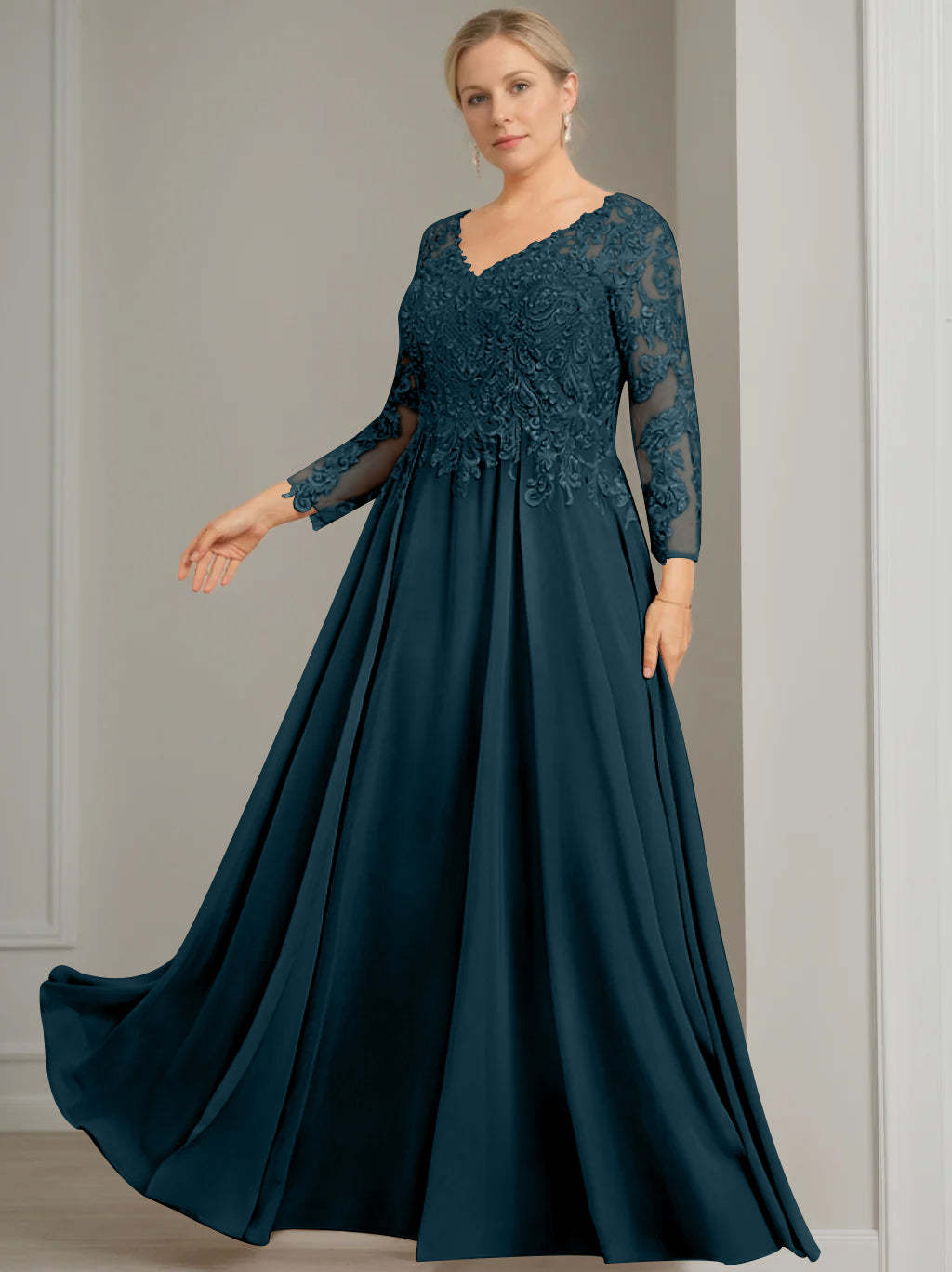 Princess A-Line V-Neck Floor-Length Plus Size Mother of the Bride Dress with 3/4 Sleeves and Sequins