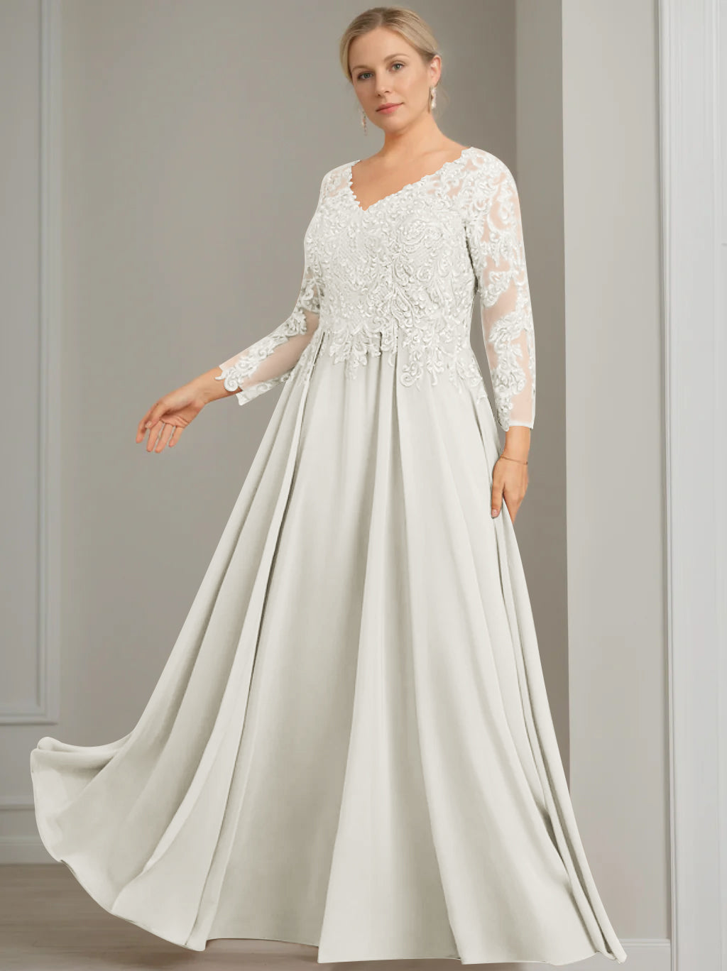Princess A-Line V-Neck Floor-Length Plus Size Mother of the Bride Dress with 3/4 Sleeves and Sequins