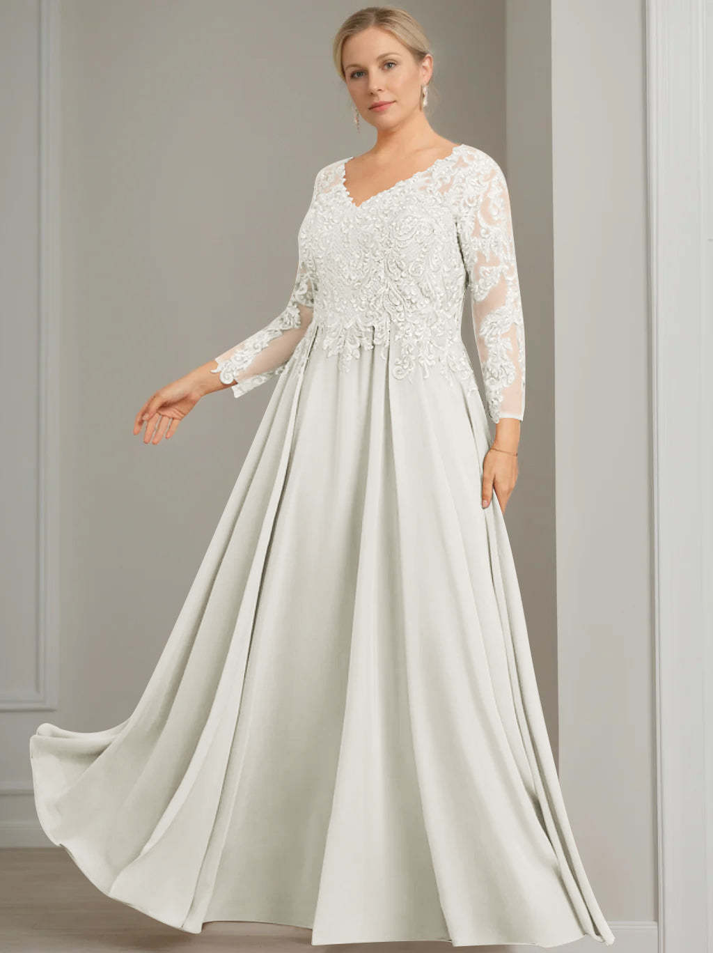 Princess A-Line V-Neck Floor-Length Plus Size Mother of the Bride Dress with 3/4 Sleeves and Sequins