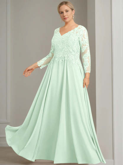Princess A-Line V-Neck Floor-Length Plus Size Mother of the Bride Dress with 3/4 Sleeves and Sequins