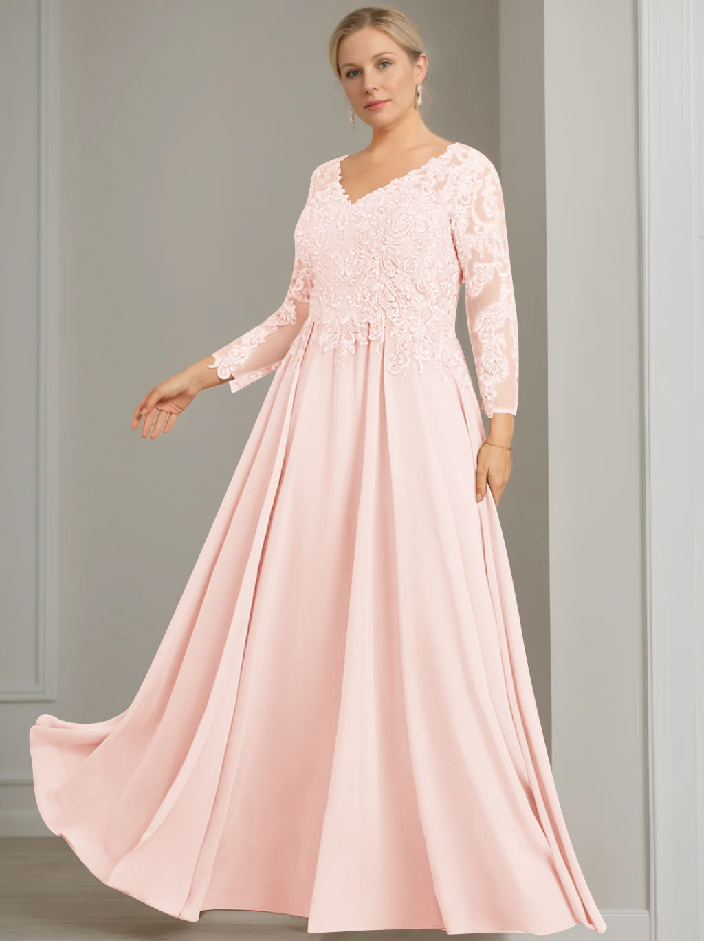 Princess A-Line V-Neck Floor-Length Plus Size Mother of the Bride Dress with 3/4 Sleeves and Sequins