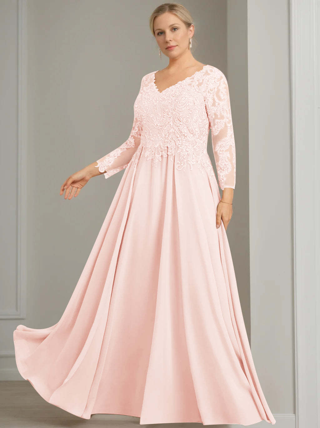 Princess A-Line V-Neck Floor-Length Plus Size Mother of the Bride Dress with 3/4 Sleeves and Sequins