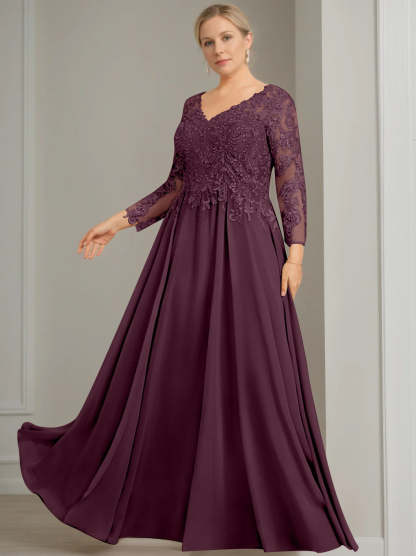 Princess A-Line V-Neck Floor-Length Plus Size Mother of the Bride Dress with 3/4 Sleeves and Sequins