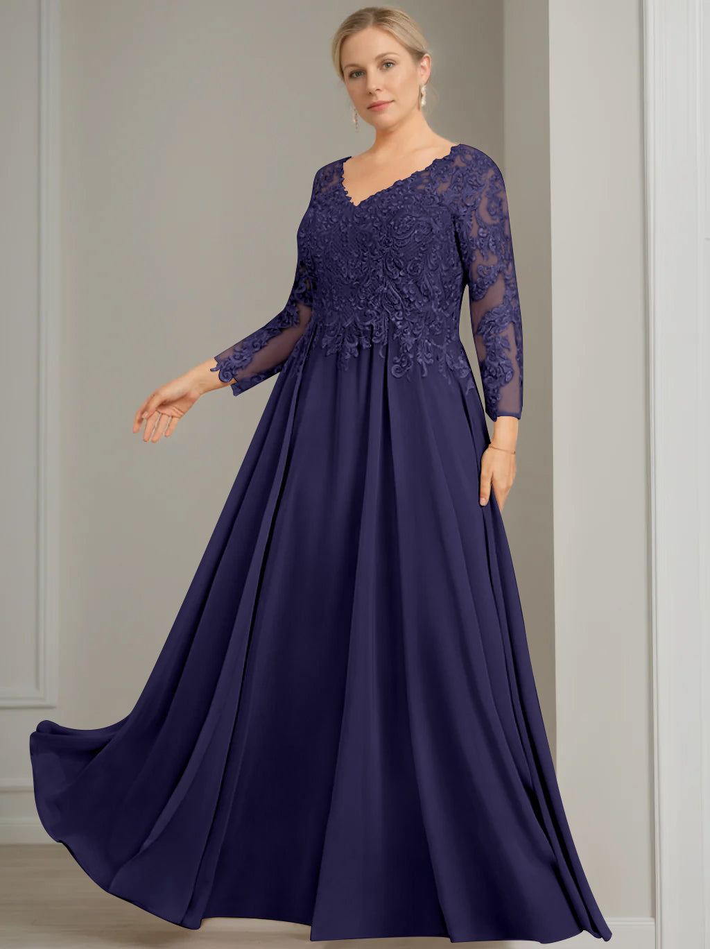 Princess A-Line V-Neck Floor-Length Plus Size Mother of the Bride Dress with 3/4 Sleeves and Sequins
