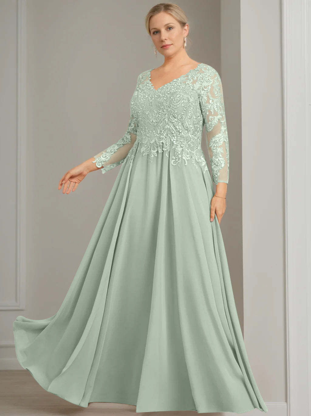 Princess A-Line V-Neck Floor-Length Plus Size Mother of the Bride Dress with 3/4 Sleeves and Sequins