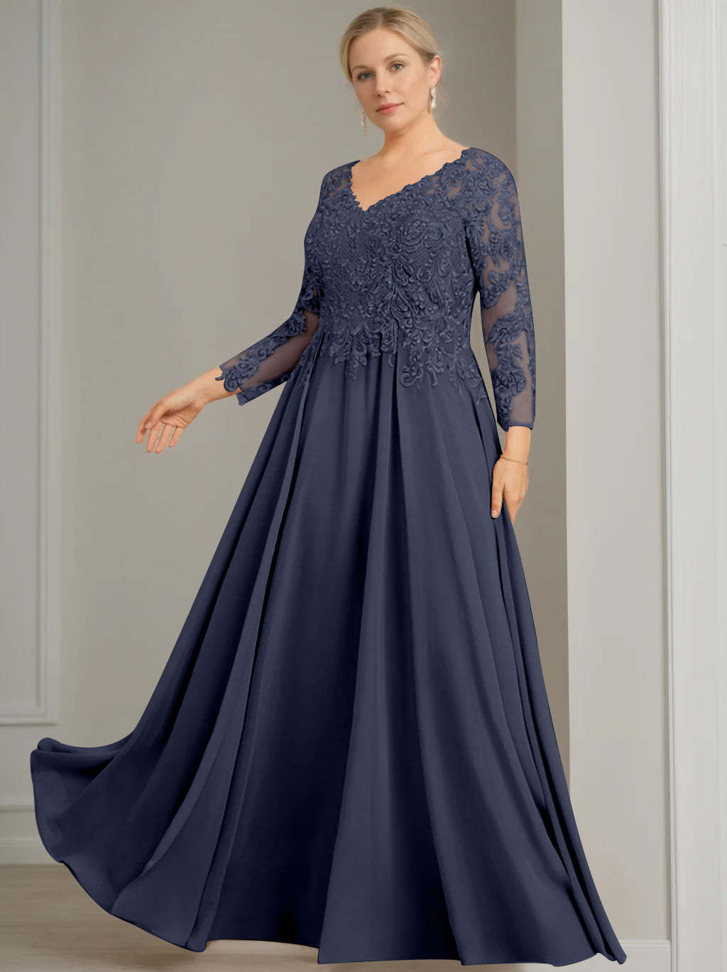 Princess A-Line V-Neck Floor-Length Plus Size Mother of the Bride Dress with 3/4 Sleeves and Sequins
