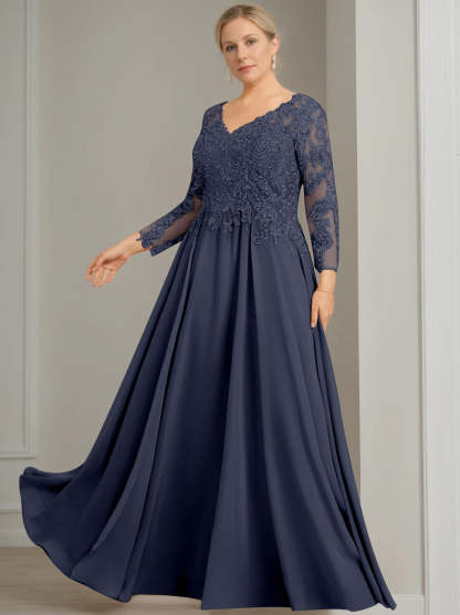 Princess A-Line V-Neck Floor-Length Plus Size Mother of the Bride Dress with 3/4 Sleeves and Sequins