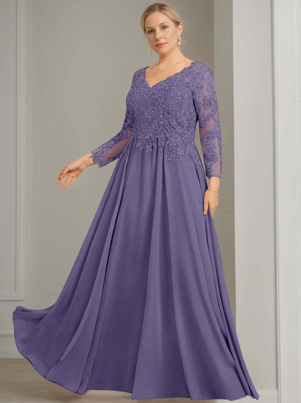Princess A-Line V-Neck Floor-Length Plus Size Mother of the Bride Dress with 3/4 Sleeves and Sequins