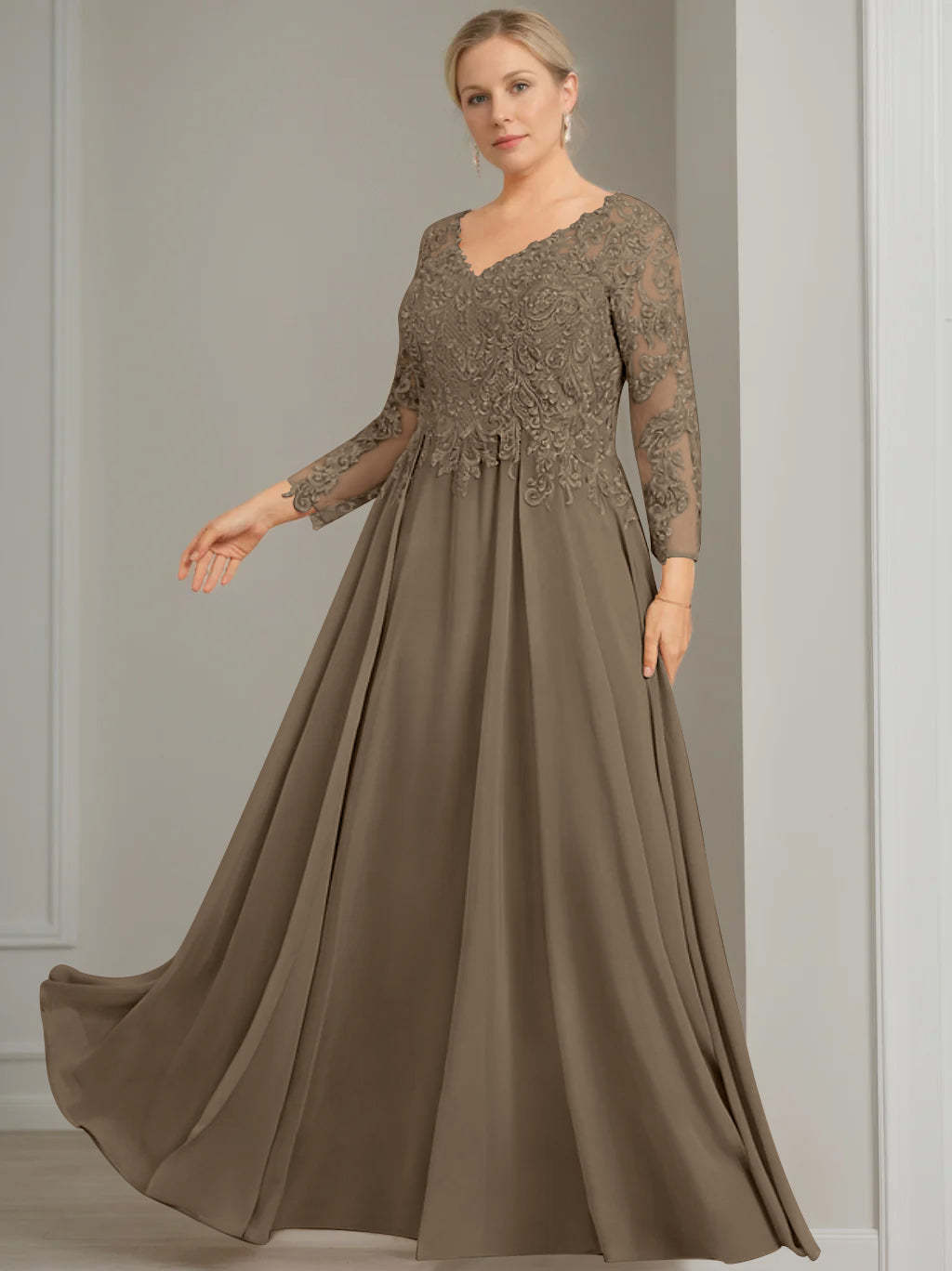 Princess A-Line V-Neck Floor-Length Plus Size Mother of the Bride Dress with 3/4 Sleeves and Sequins
