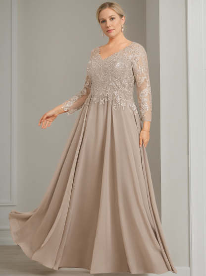 Princess A-Line V-Neck Floor-Length Plus Size Mother of the Bride Dress with 3/4 Sleeves and Sequins