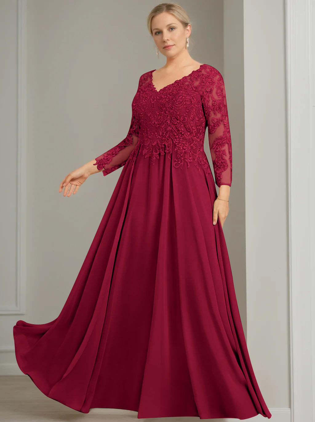 Princess A-Line V-Neck Floor-Length Plus Size Mother of the Bride Dress with 3/4 Sleeves and Sequins