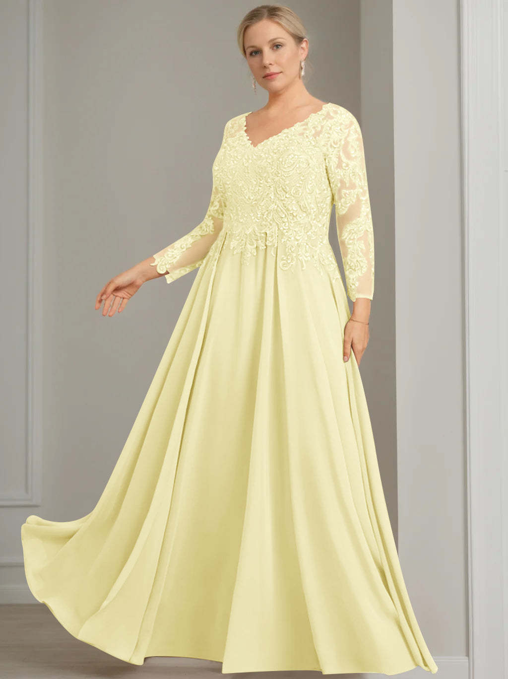 Princess A-Line V-Neck Floor-Length Plus Size Mother of the Bride Dress with 3/4 Sleeves and Sequins