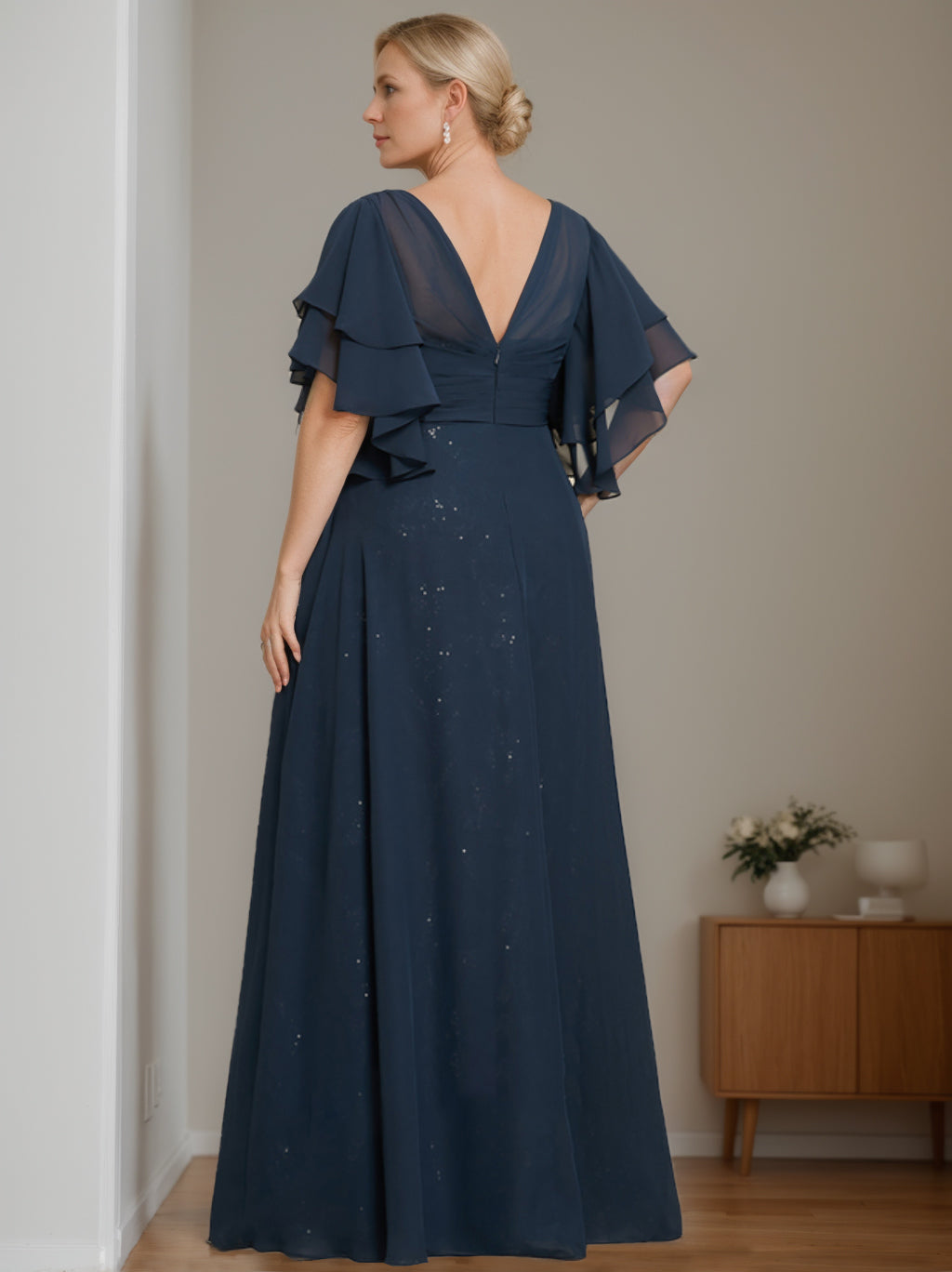 Plus Size Floor-Length Mother of the Bride A-Line Dress with V-Neck and Half Sleeves