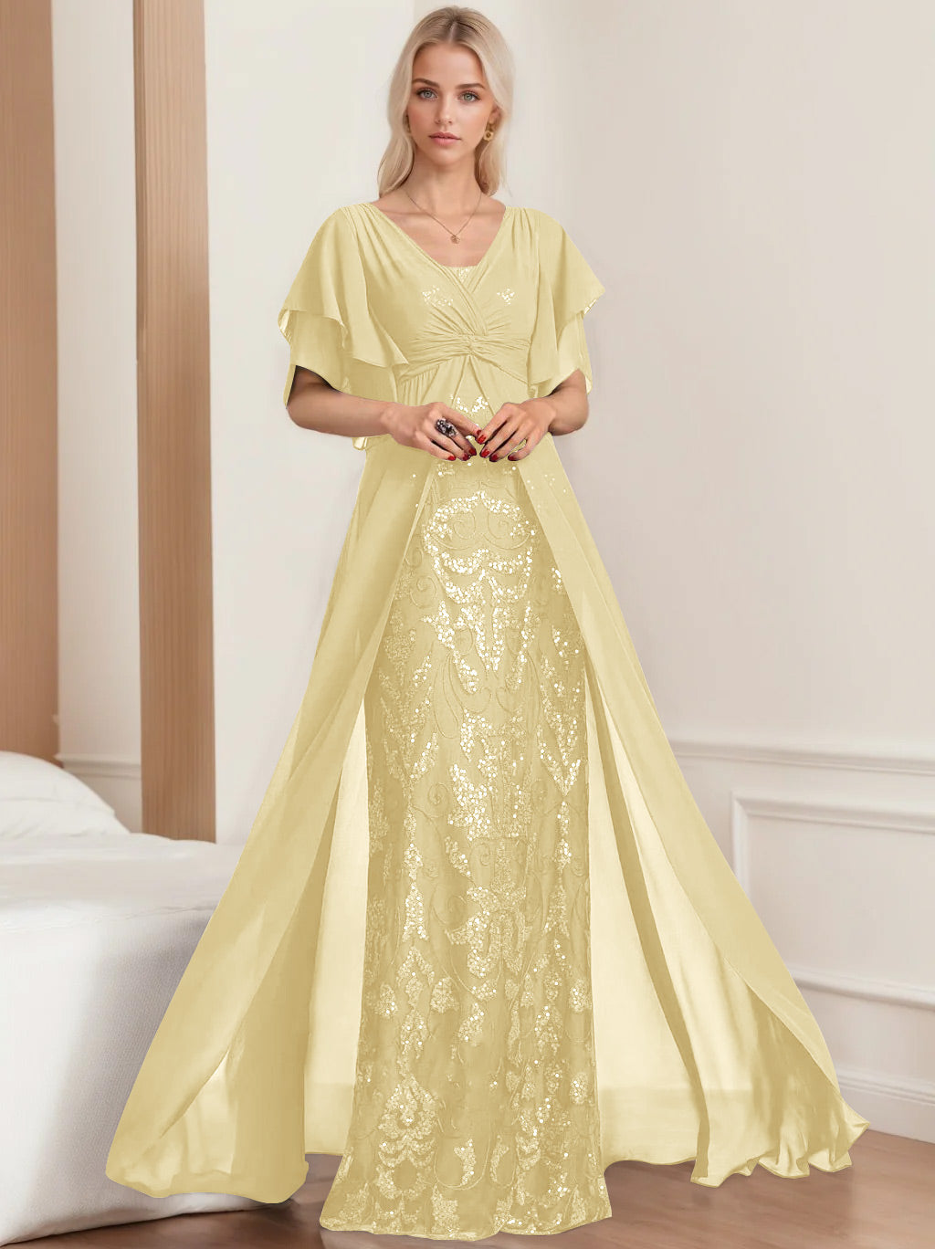 Plus Size Mother of the Bride A-Line Floor-Length Dress with V-Neck and Half Sleeves