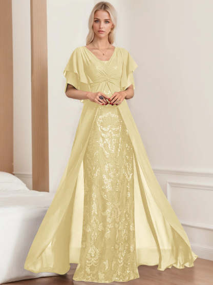 Plus Size Mother of the Bride A-Line Floor-Length Dress with V-Neck and Half Sleeves