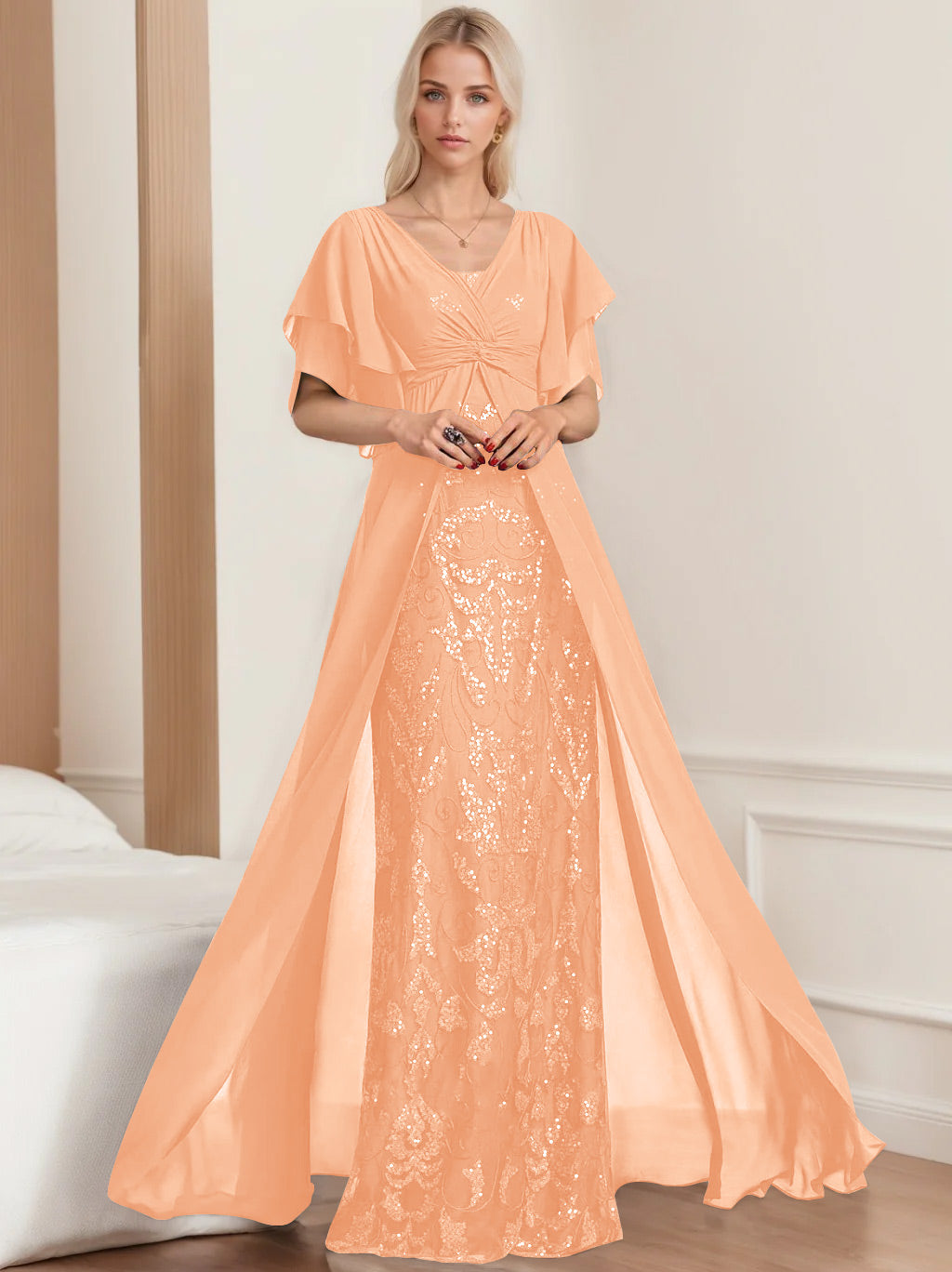 Plus Size Mother of the Bride A-Line Floor-Length Dress with V-Neck and Half Sleeves