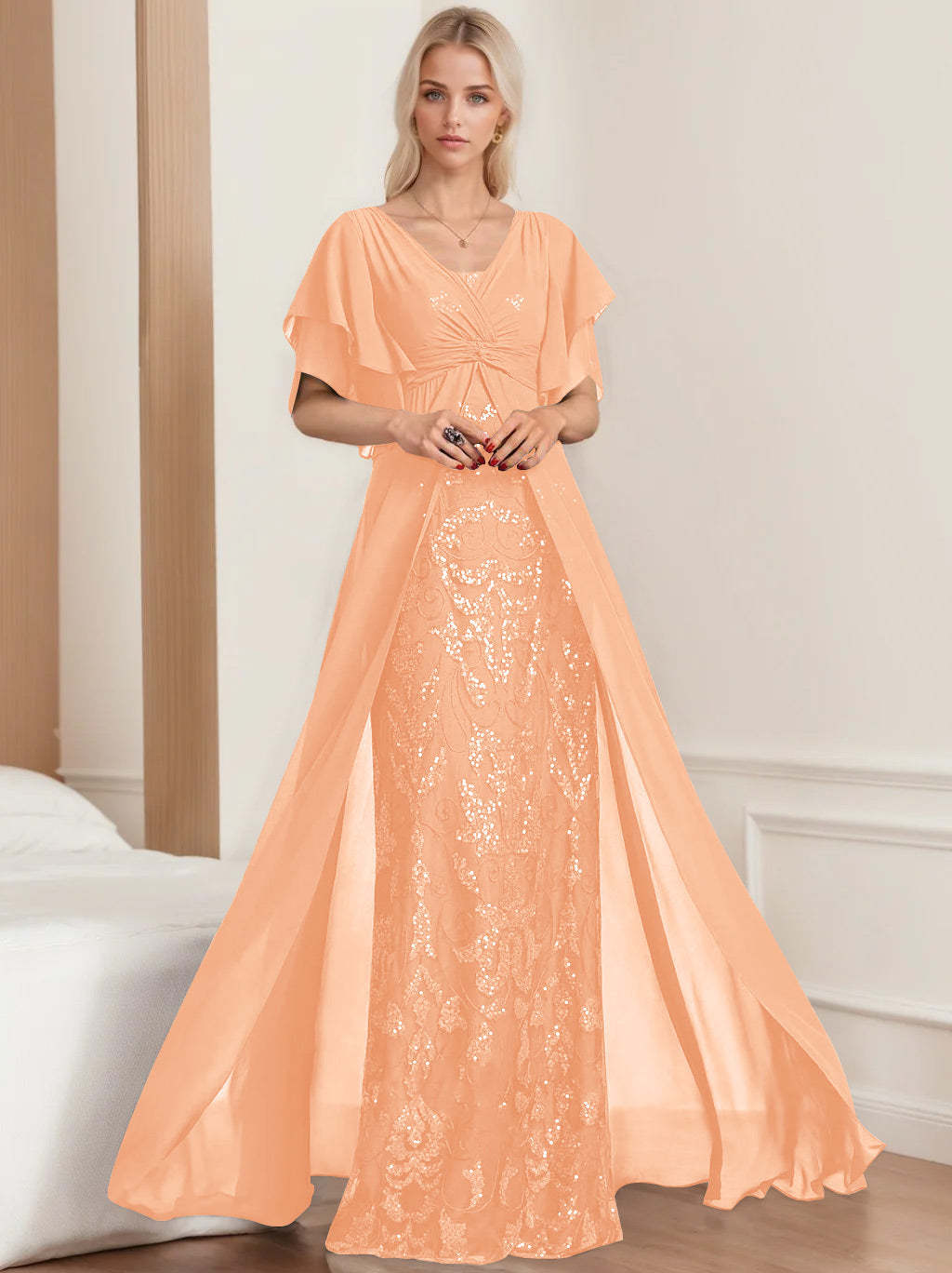 Plus Size Mother of the Bride A-Line Floor-Length Dress with V-Neck and Half Sleeves
