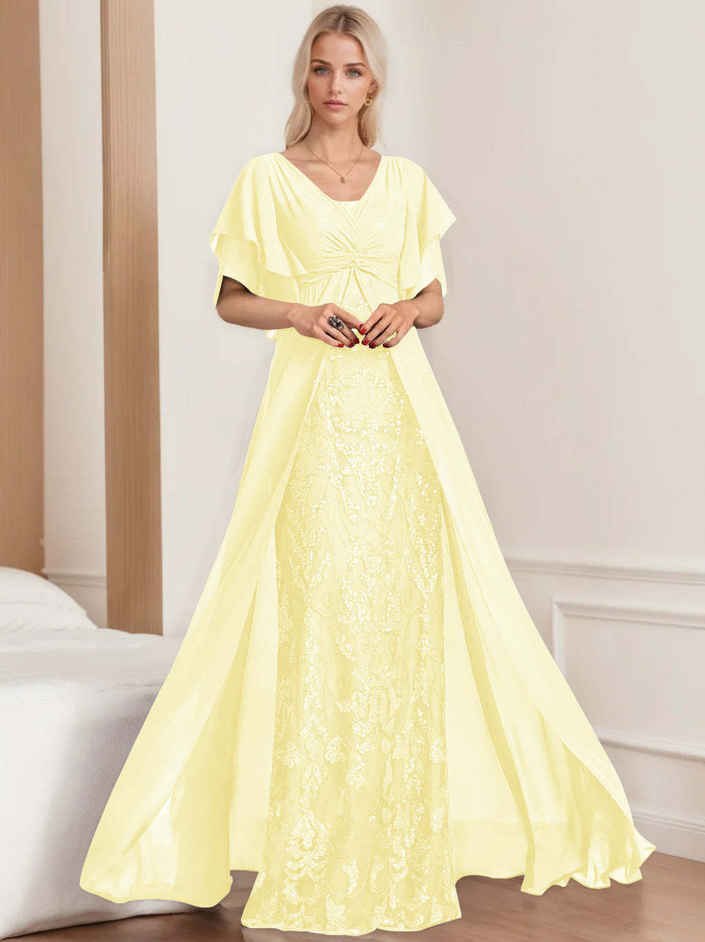 Plus Size Mother of the Bride A-Line Floor-Length Dress with V-Neck and Half Sleeves