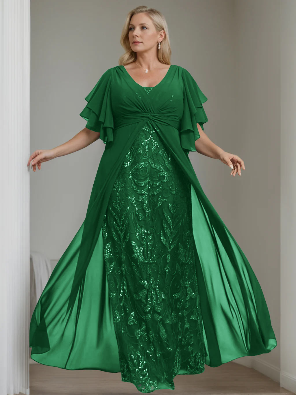 Plus Size Floor-Length A-Line Mother of the Bride Dress with V-Neck and Pleated Details