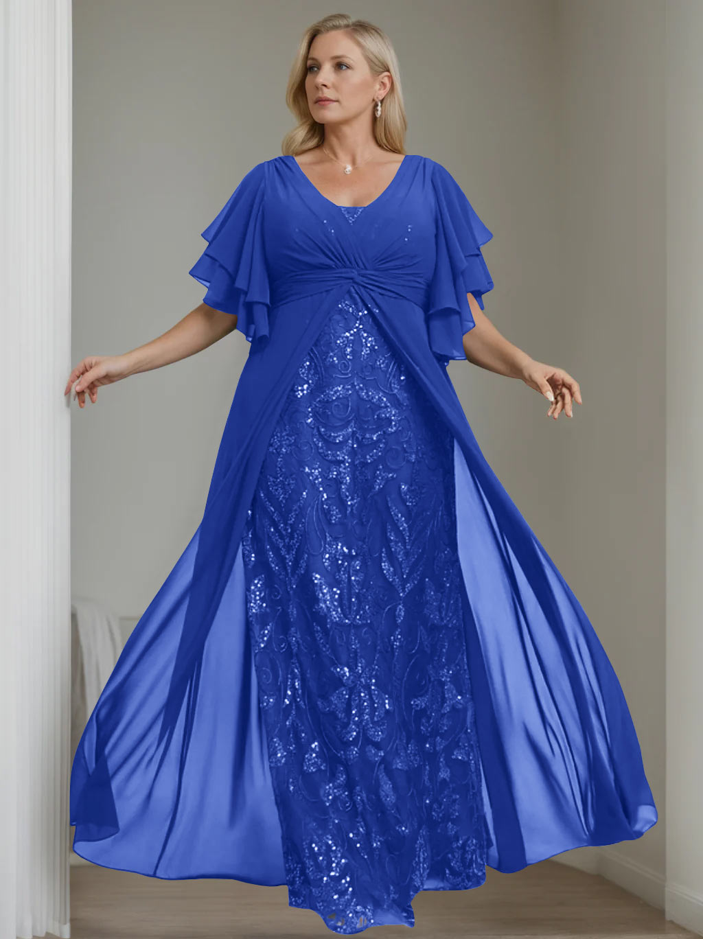 Plus Size Floor-Length A-Line Mother of the Bride Dress with V-Neck and Pleated Details