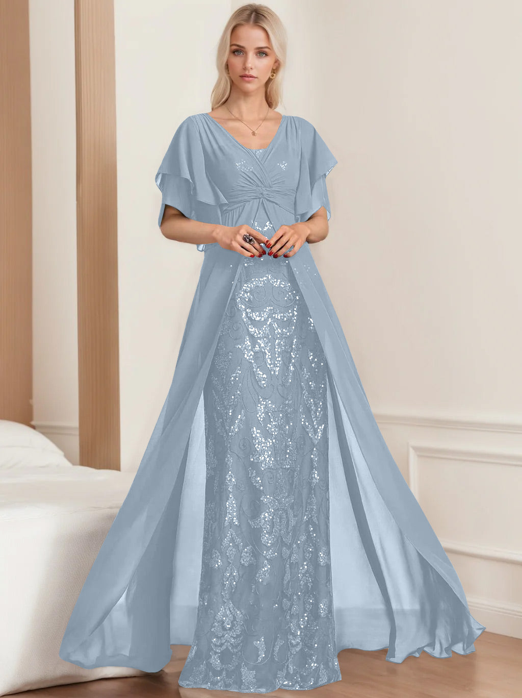 Plus Size Mother of the Bride A-Line Floor-Length Dress with V-Neck and Half Sleeves
