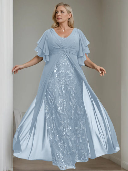 Plus Size Floor-Length A-Line Mother of the Bride Dress with V-Neck and Pleated Details