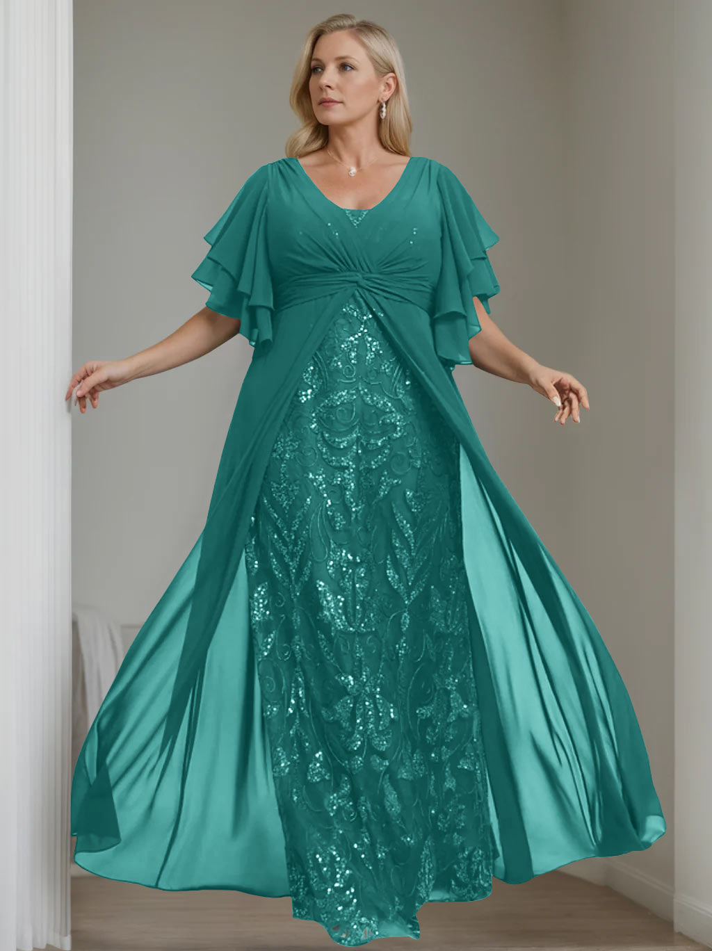 Plus Size Floor-Length A-Line Mother of the Bride Dress with V-Neck and Pleated Details