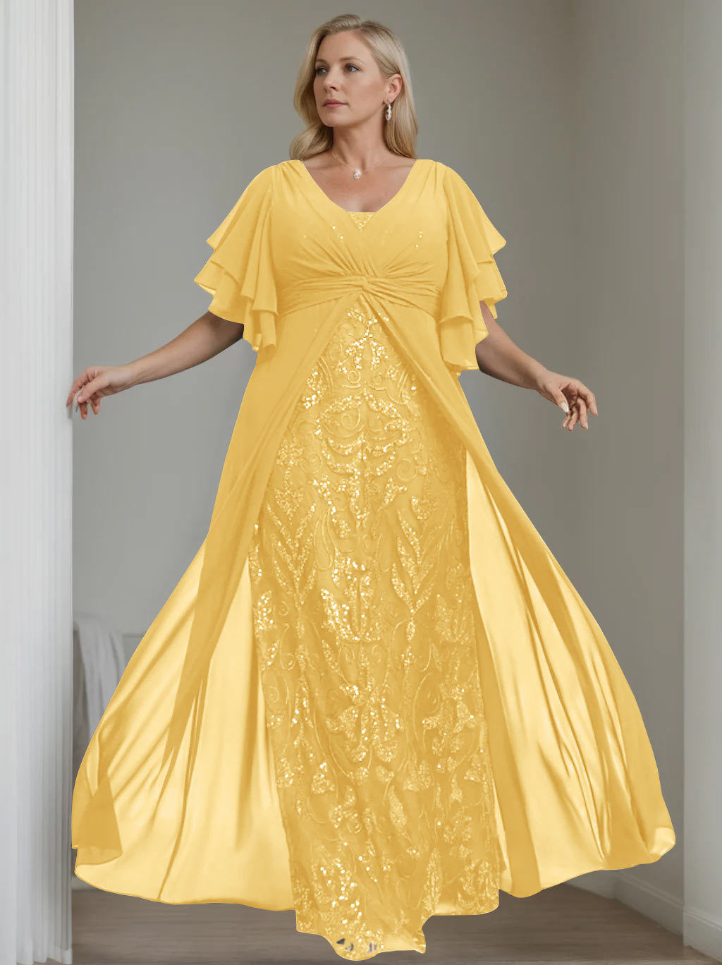 Plus Size Floor-Length A-Line Mother of the Bride Dress with V-Neck and Pleated Details