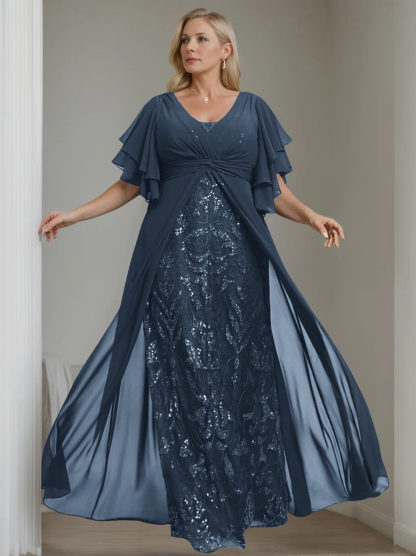Plus Size Floor-Length A-Line Mother of the Bride Dress with V-Neck and Pleated Details