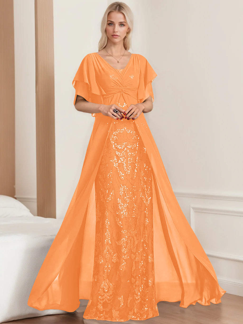Plus Size Mother of the Bride A-Line Floor-Length Dress with V-Neck and Half Sleeves