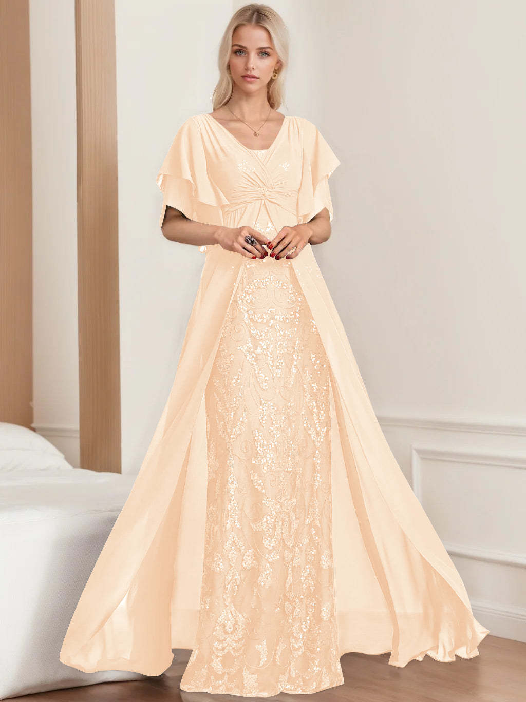 Plus Size Mother of the Bride A-Line Floor-Length Dress with V-Neck and Half Sleeves