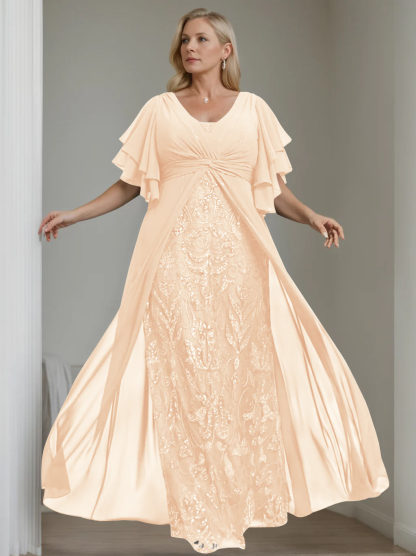 Plus Size Floor-Length A-Line Mother of the Bride Dress with V-Neck and Pleated Details
