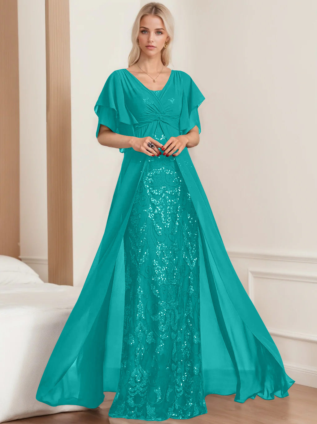 Plus Size Mother of the Bride A-Line Floor-Length Dress with V-Neck and Half Sleeves