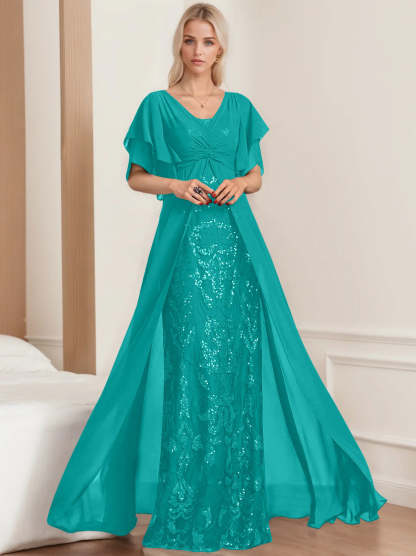 Plus Size Mother of the Bride A-Line Floor-Length Dress with V-Neck and Half Sleeves