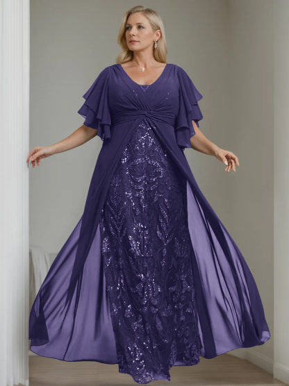 Plus Size Floor-Length A-Line Mother of the Bride Dress with V-Neck and Pleated Details