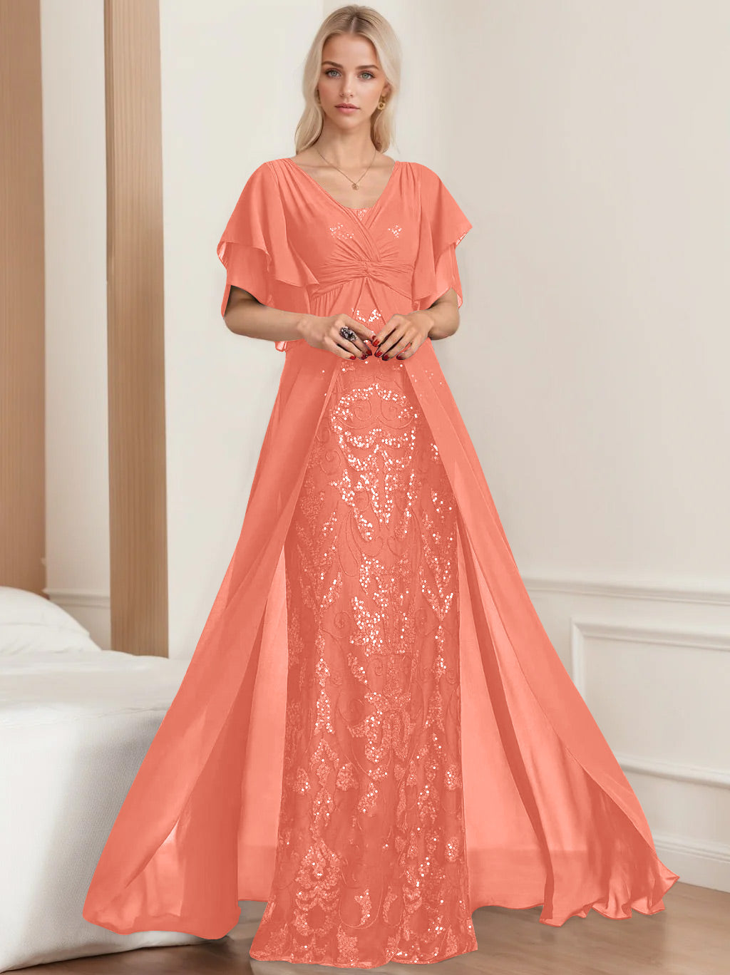 Plus Size Mother of the Bride A-Line Floor-Length Dress with V-Neck and Half Sleeves